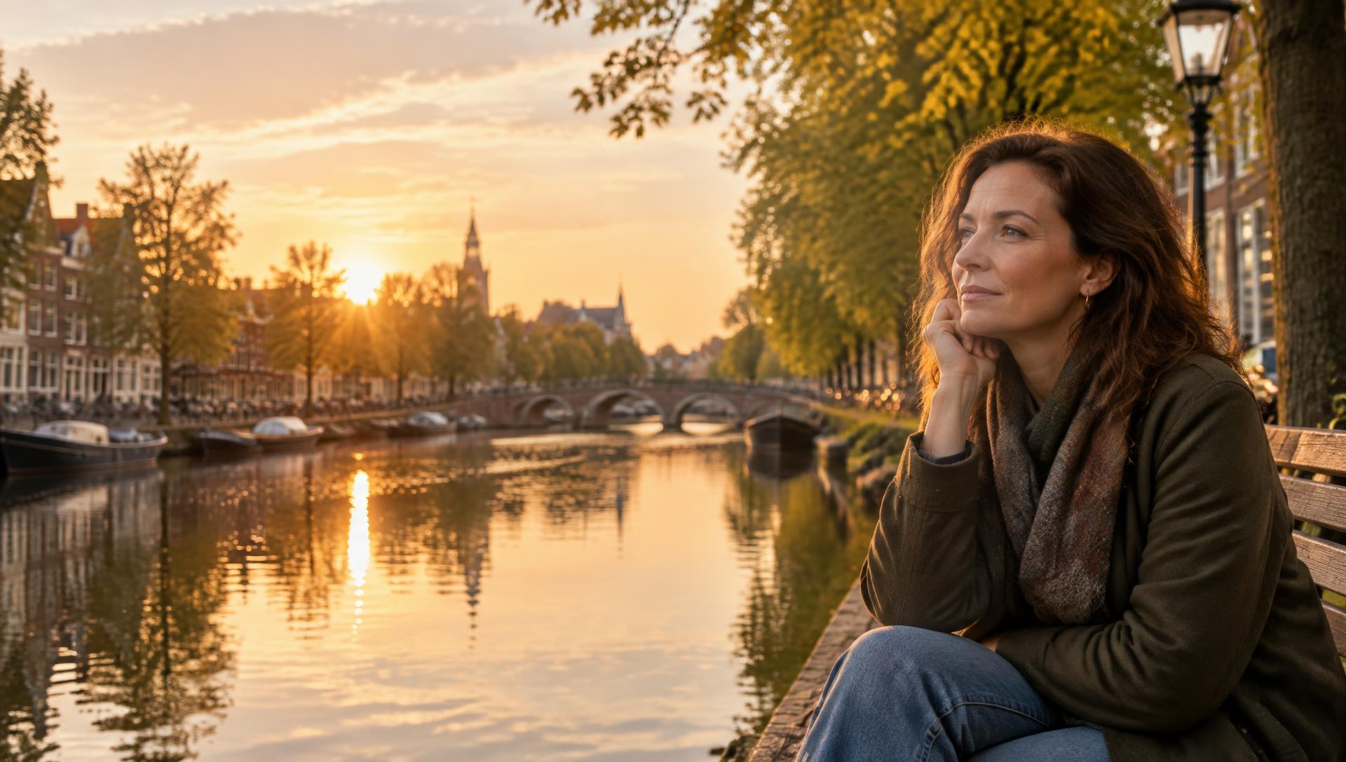 Vrouw in gedachten bij een gracht tijdens zonsondergang